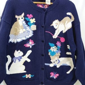 Northern Reflections Cat Cardigan Sweater Women's Sz XL Navy Blue Butterfly